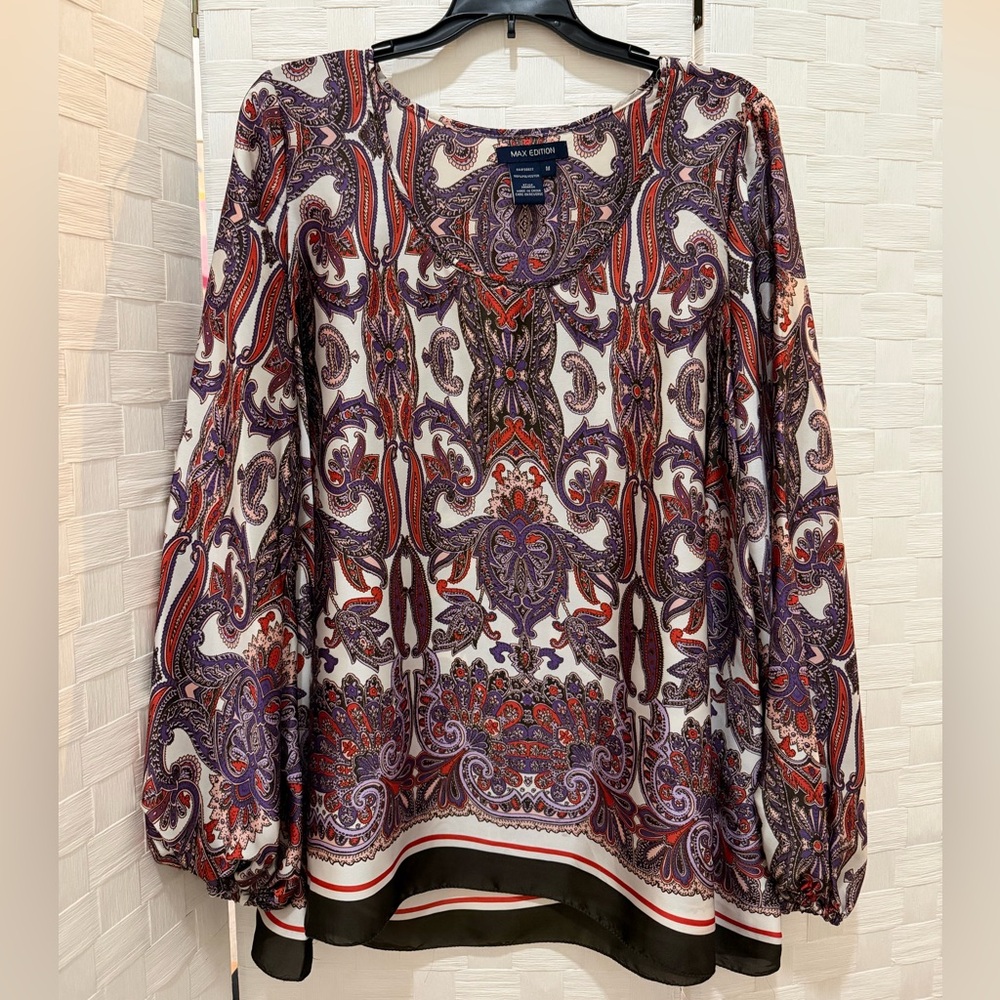 Max Edition Paisley Satin Blouse Long Sleeve Boho Top Size M